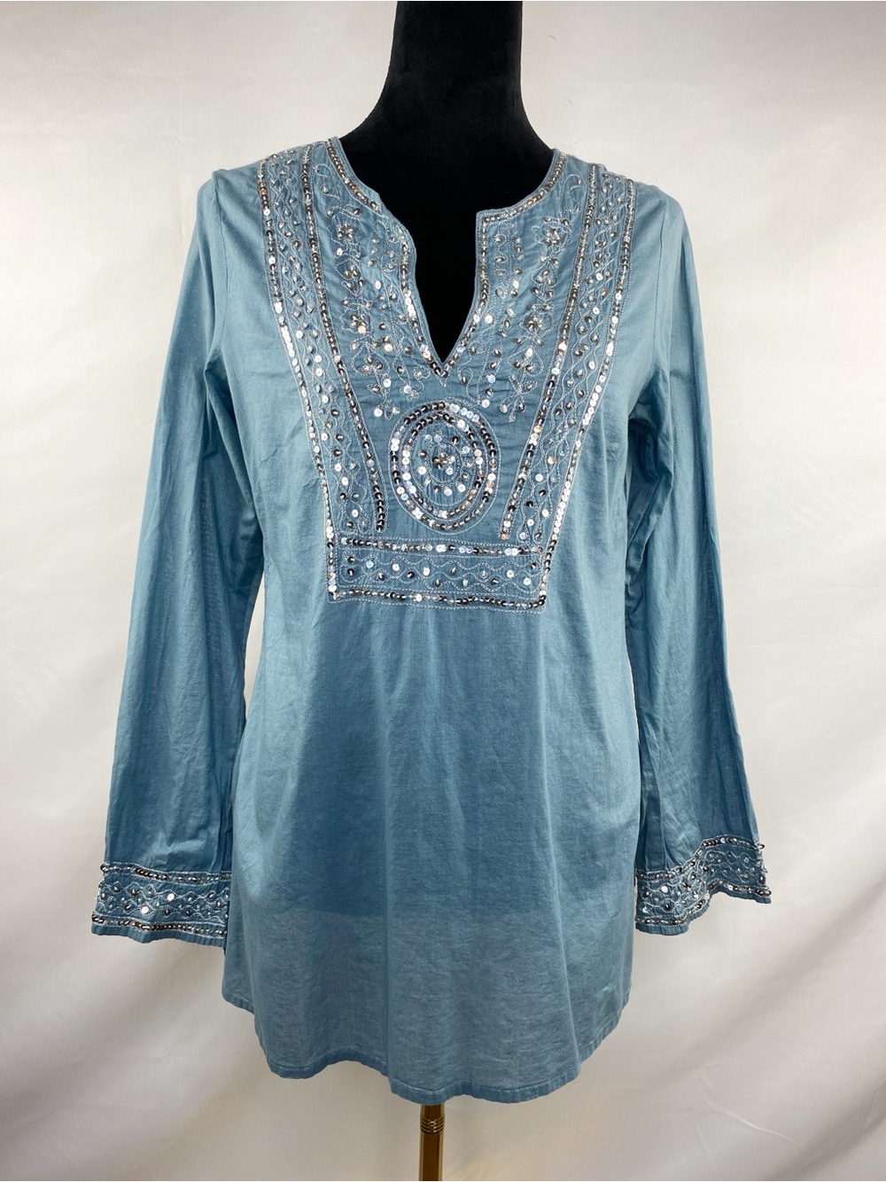 Vintage Y2K Charlotte Russe Boho Sequin Embroidered Blue Tunic Top Size Large